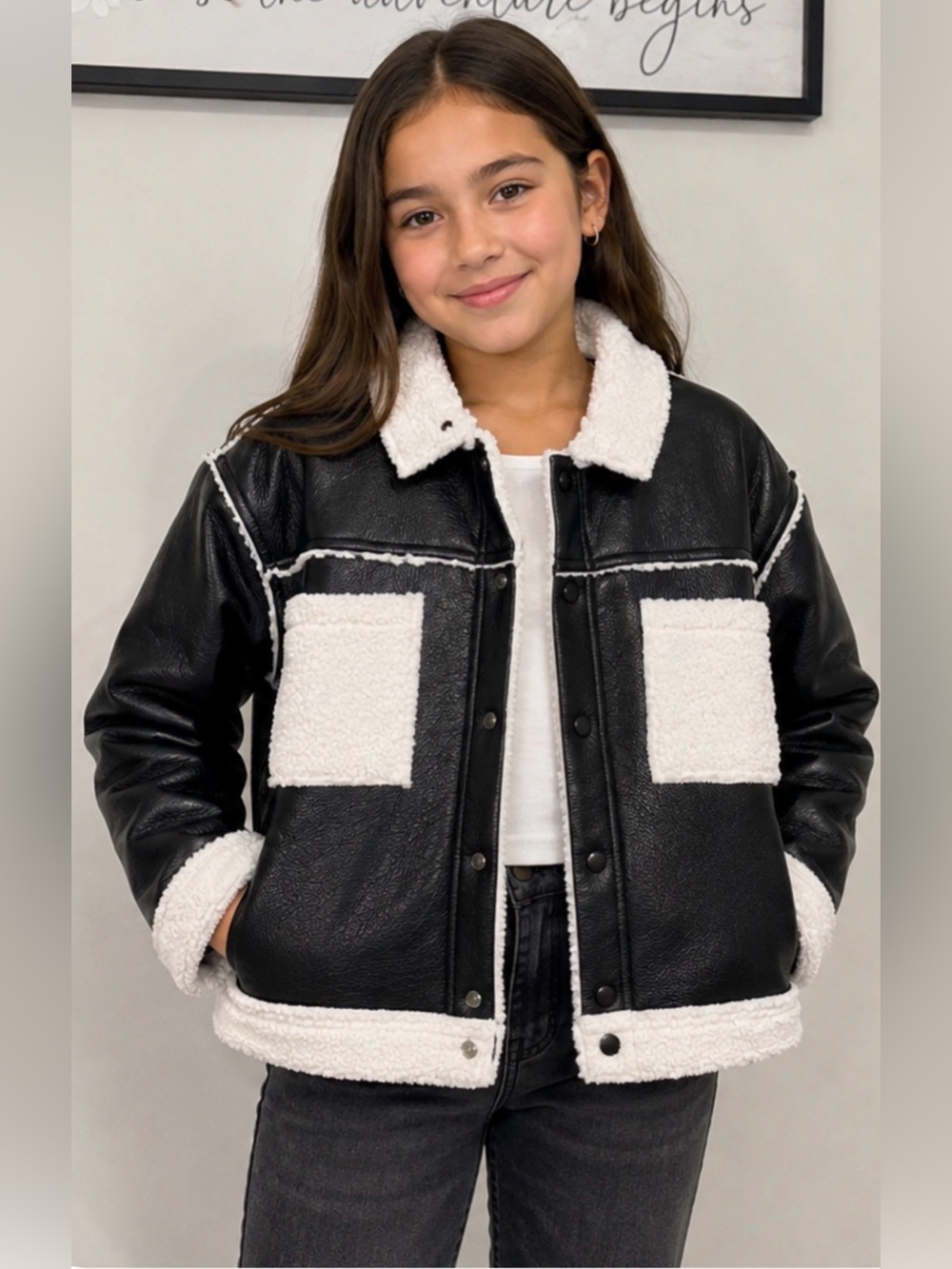 RSQ Girls Black Faux Leather With Sherpa-lined Jacket. Size Large